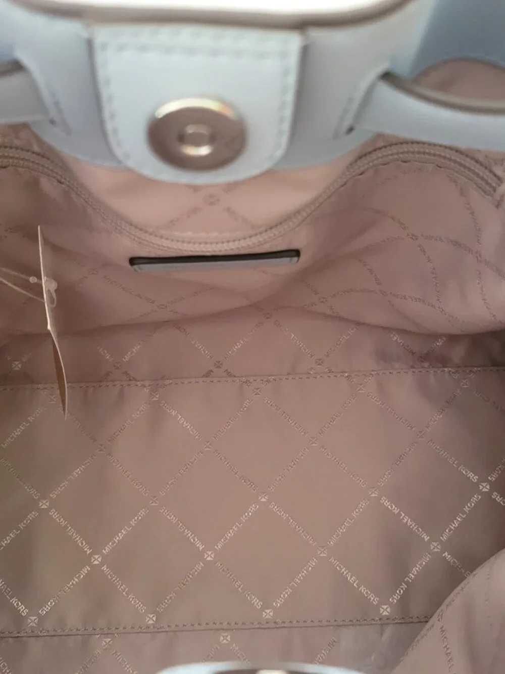 Michael Kors Mina Large Belted Chain Inlay Shoulder Bag Tote Pale Ocean Suede